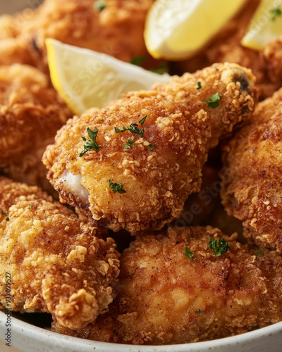 Perfectly Seasoned Fried Chicken Thighs with Lemon Wedges, Copy Space photo