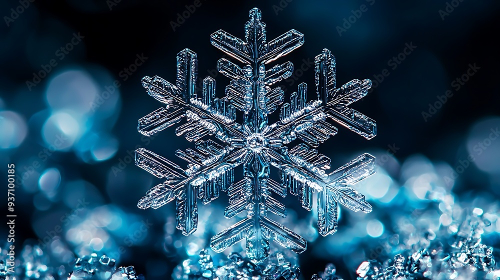 Detailed macro photograph of a delicate snowflake with frosty background. Detailed macro photograph of a delicate snowflake with frosty background.