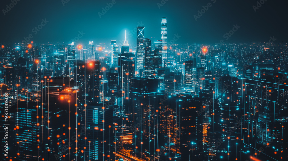Smart digital city with connection network reciprocity over the cityscape . Concept of future smart wireless digital city and social media networking systems that connects people within the city Smart digital city with connection network reciprocity over the cityscape . Concept of future smart wireless digital city and social media networking systems that connects people within the city