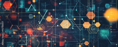 A collage of fintech icons with blockchain elements, digital illustration, abstract shapes, techinspired