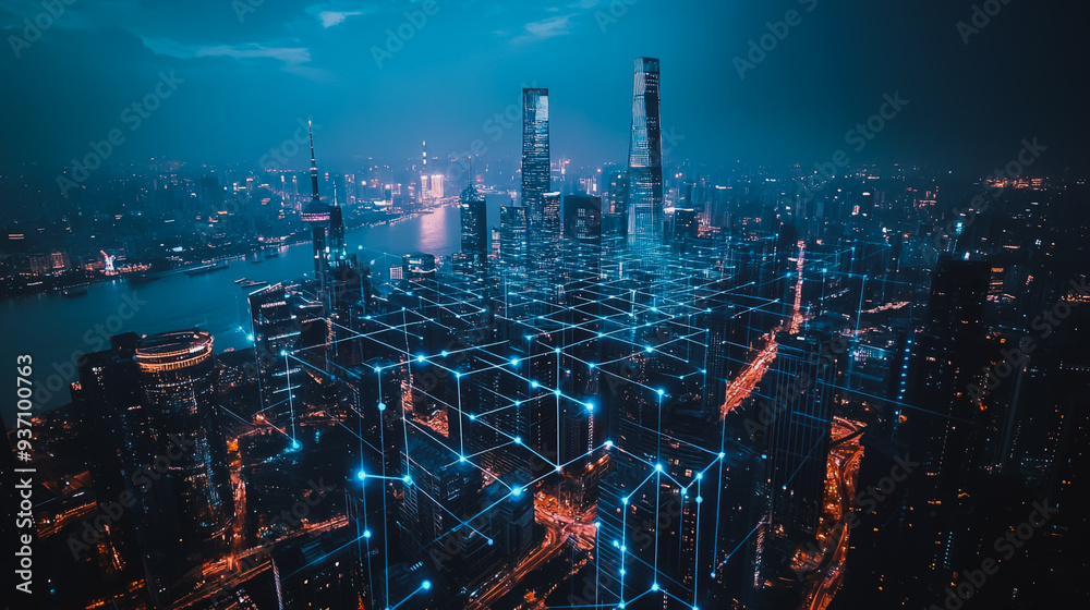 Fototapeta premium Smart digital city with connection network reciprocity over the cityscape . Concept of future smart wireless digital city and social media networking systems that connects people within the city