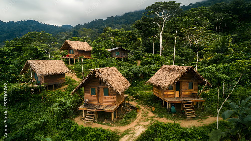 An eco-friendly tourism experience in a remote, pristine natural setting, where small, sustainable cabins are built with minimal environmental impact An eco-friendly tourism experience in a remote, pristine natural setting, where small, sustainable cabins are built with minimal environmental impact