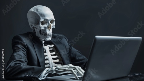 Halloween concept. Scary skeleton man in suit working on laptop. photo