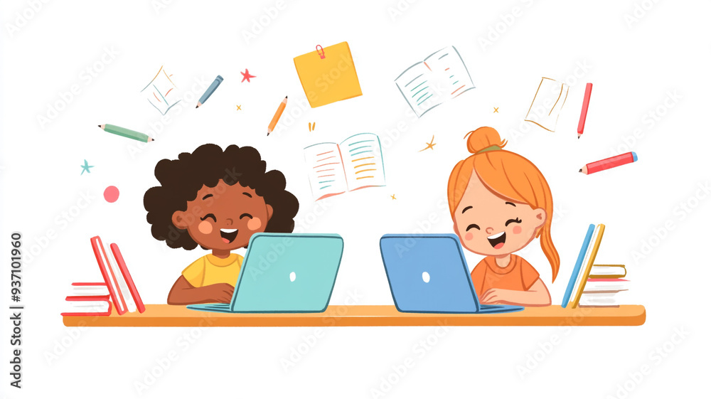 Two children studying together at a table with laptops, books, and stationery during a bright and cheerful learning session Two children studying together at a table with laptops, books, and stationery during a bright and cheerful learning session