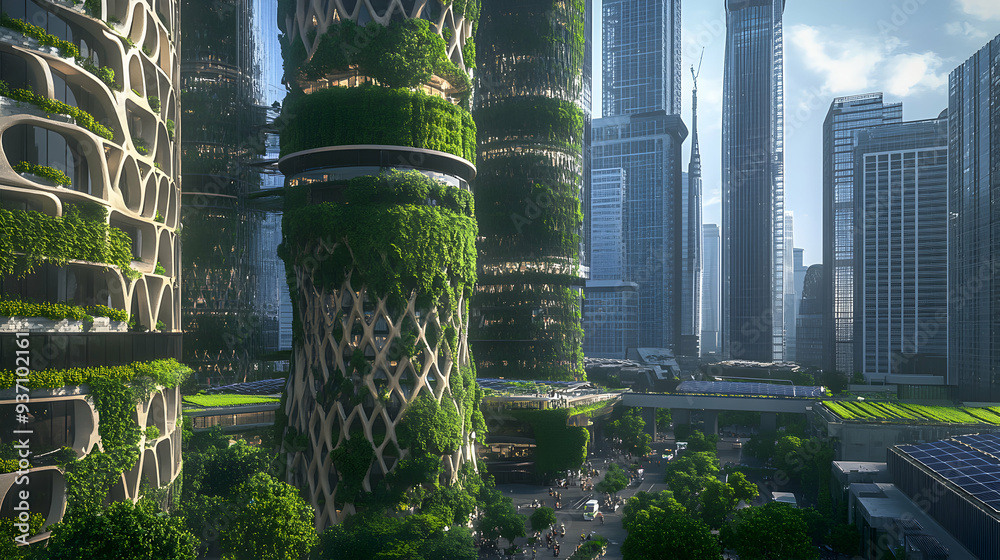 A futuristic eco-friendly cityscape with towering green skyscrapers covered in vertical gardens, rooftop solar panels, and wind turbines A futuristic eco-friendly cityscape with towering green skyscrapers covered in vertical gardens, rooftop solar panels, and wind turbines