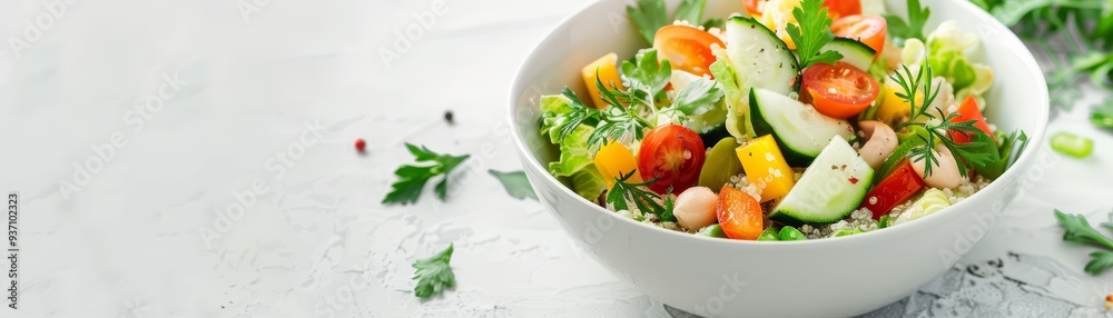 Bowl of fresh quinoa salad with vibrant vegetables and herbs, food, recipes, healthy, copy space Bowl of fresh quinoa salad with vibrant vegetables and herbs, food, recipes, healthy, copy space