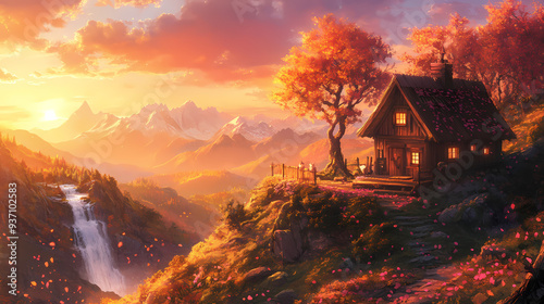 Beautiful LOFI House on Mountain with Cozy Background Wallpaper in Anime Manga Style