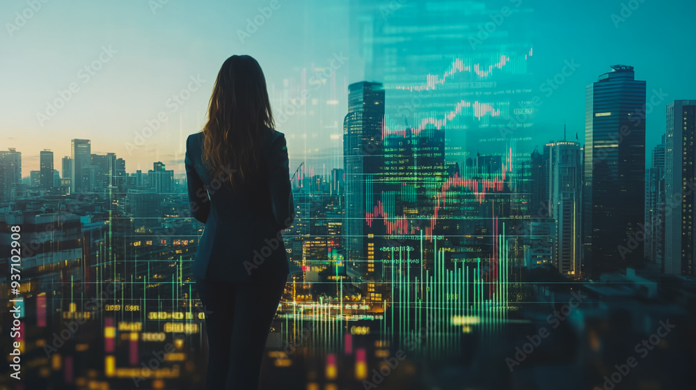 Abstract business woman stands on the peak of success amid tall, innovative Smart city and graphs with statistics to analyze business potential and predict future developments in company growth. Abstract business woman stands on the peak of success amid tall, innovative Smart city and graphs with statistics to analyze business potential and predict future developments in company growth.