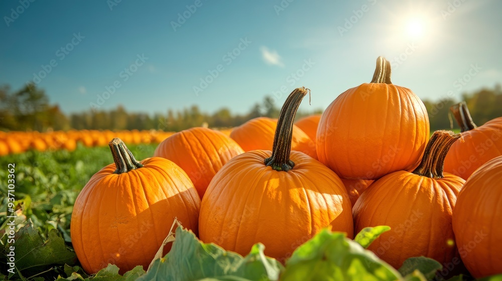 Ripe Pumpkins in a Field on a Sunny Day Ripe Pumpkins in a Field on a Sunny Day