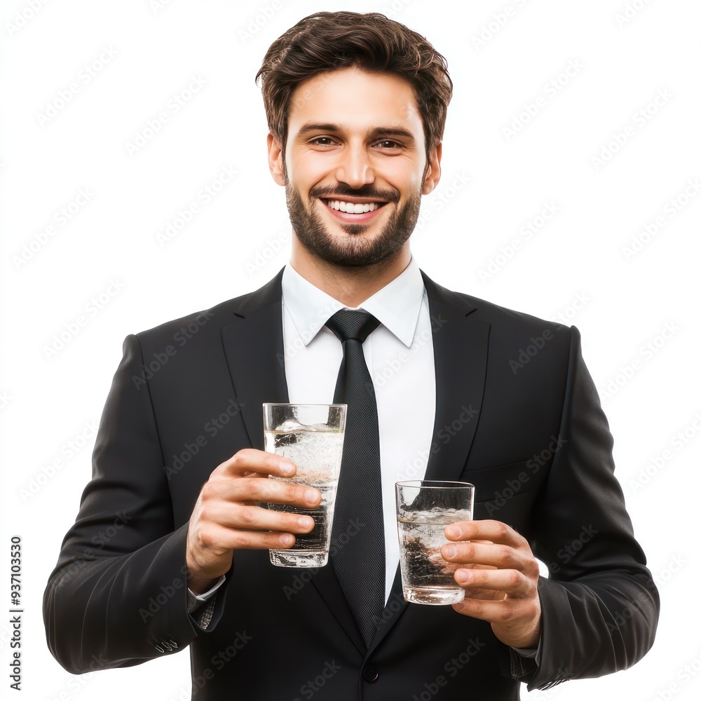 Smiling businessman holding two glasses of water Smiling businessman holding two glasses of water