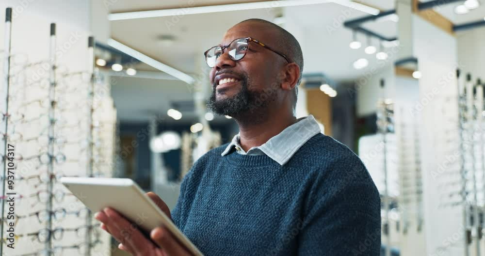 Optometry, black man and tablet in store with glasses, product information or inventory management. Sales person, tech or smile at stock for eye care, checklist or thinking for company website update Optometry, black man and tablet in store with glasses, product information or inventory management. Sales person, tech or smile at stock for eye care, checklist or thinking for company website update