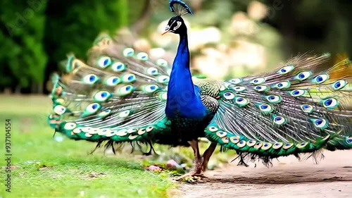 Vibrant closeup of a peacock displaying its beautiful feathers in full bloom, showcasing stunning blue and green plumage, Realistic safari, zoo wildlife background. 