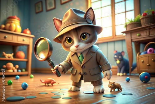 cartoon cute cat in a hat, looking at a magnifying glass