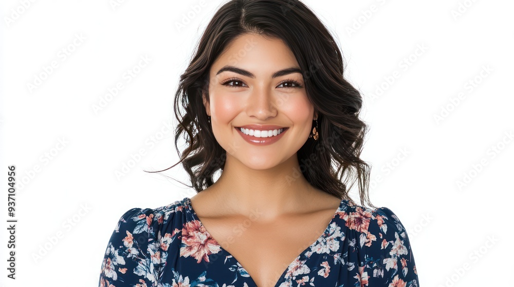 Portrait of a Smiling Woman with Long Dark Hair Wearing a Floral Dress Portrait of a Smiling Woman with Long Dark Hair Wearing a Floral Dress