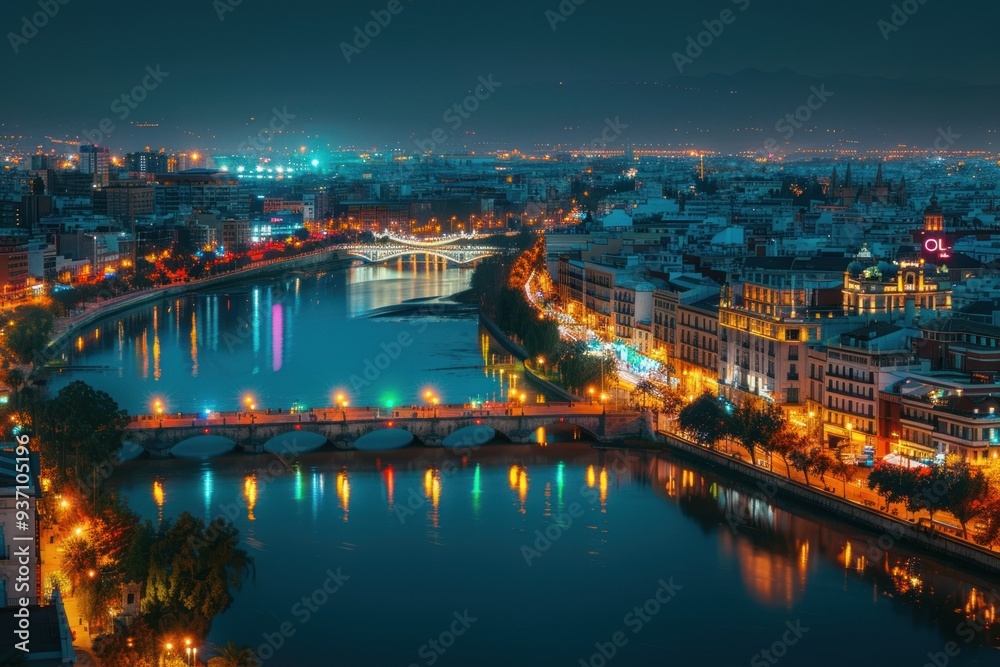 aerial view of the city with river and bridge at night, vibrant lights on buildings aerial view of the city with river and bridge at night, vibrant lights on buildings