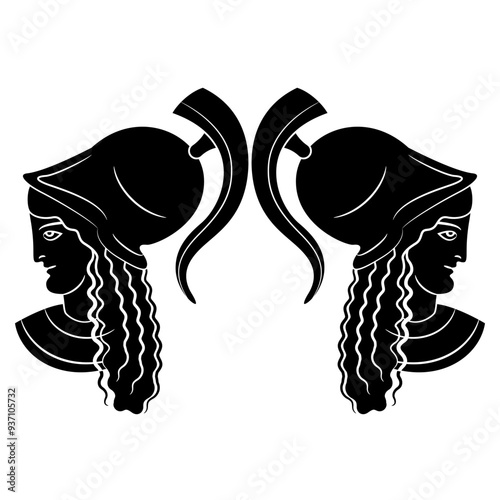 Symmetrical design with two heads of Ancient Greek warrior goddess Athena Pallas or Minerva wearing helmet. Amazon woman profiles. Black and white silhouette.
