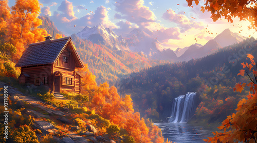 Beautiful LOFI House on Mountain with Cozy Background Wallpaper in Anime Manga Style