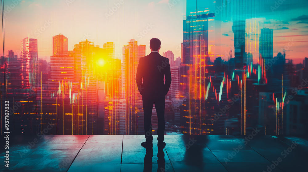 Abstract business man stands on the peak of success amid tall, innovative  Smart city and graphs with statistics to analyze business potential and predict future developments in company growth.