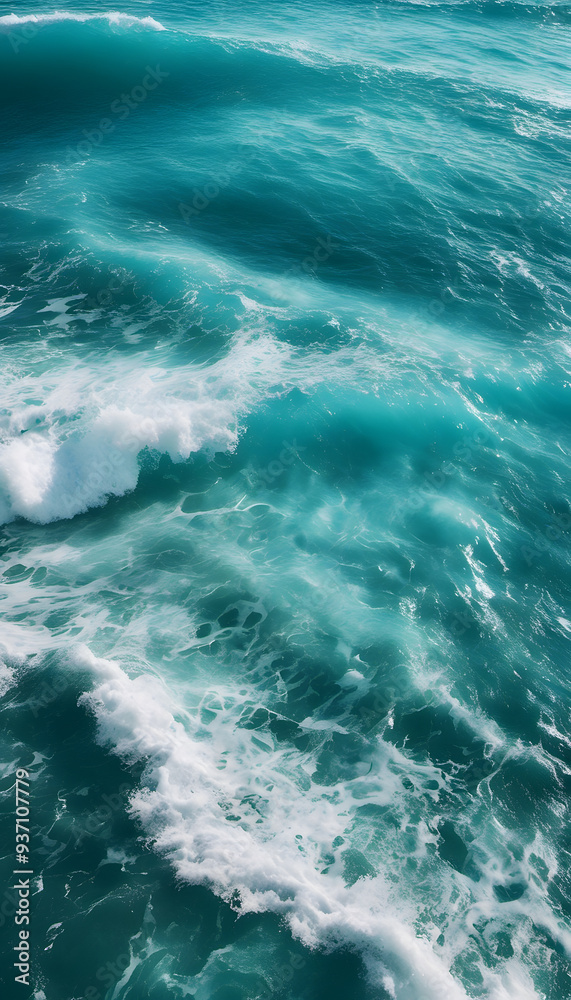 Fototapeta premium Aerial view of turquoise ocean waves crashing gently, creating white foam. The water is clear and vibrant, showcasing various shades of blue and green.