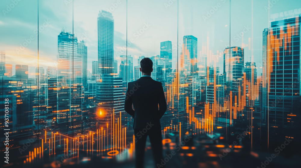Abstract business man stands on the peak of success amid tall, innovative Smart city and graphs with statistics to analyze business potential and predict future developments in company growth. Abstract business man stands on the peak of success amid tall, innovative Smart city and graphs with statistics to analyze business potential and predict future developments in company growth.