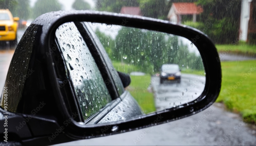 Rainsoaked side mirror on a car during a downpour Rainsoaked side mirror on a car during a downpour