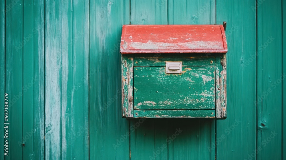 Weathered wooden mailbox with red roof on teal wood siding. Weathered wooden mailbox with red roof on teal wood siding.