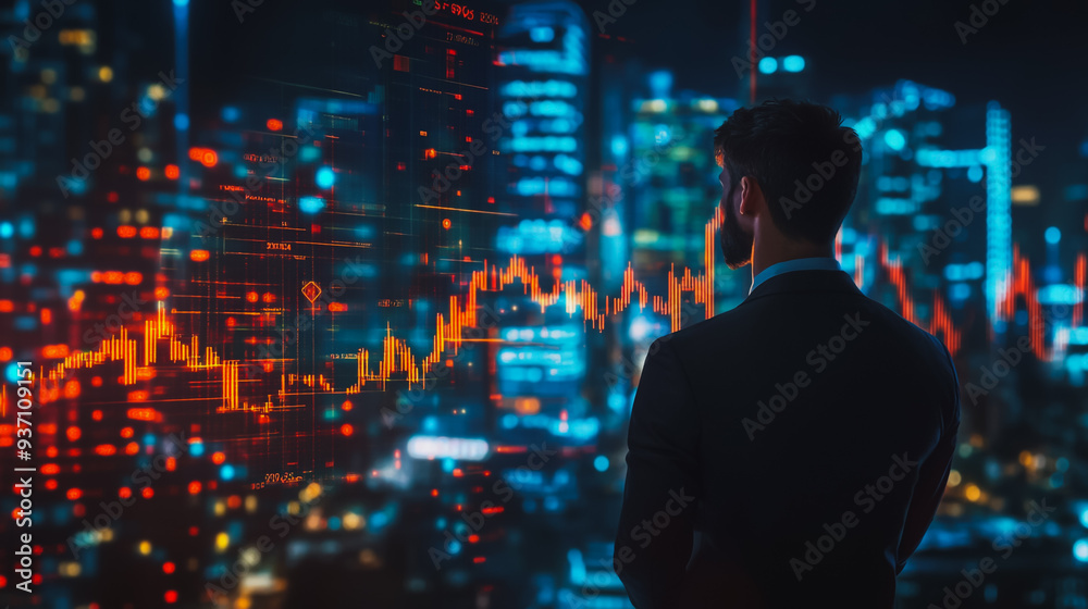 Abstract business man stands on the peak of success amid tall, innovative Smart city and graphs with statistics to analyze business potential and predict future developments in company growth. Abstract business man stands on the peak of success amid tall, innovative Smart city and graphs with statistics to analyze business potential and predict future developments in company growth.