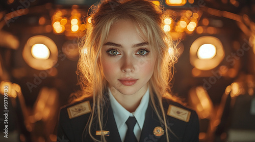 flight attendant in a sleek uniform stands confidently in the aisle, embodying professionalism and elegance. The background features a blurred airplane interior, highlighting the subject's grace