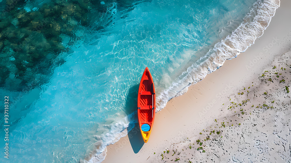 Fototapeta premium A colorful canoe on the beach, bird's eye view,high definition photography, clean white sand, clear turquoise sea water, waves lapping at shore edge,a sense of calmness in the scene