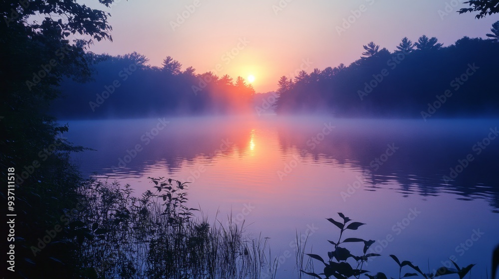 Serene Sunrise Over Misty Lake Serene Sunrise Over Misty Lake
