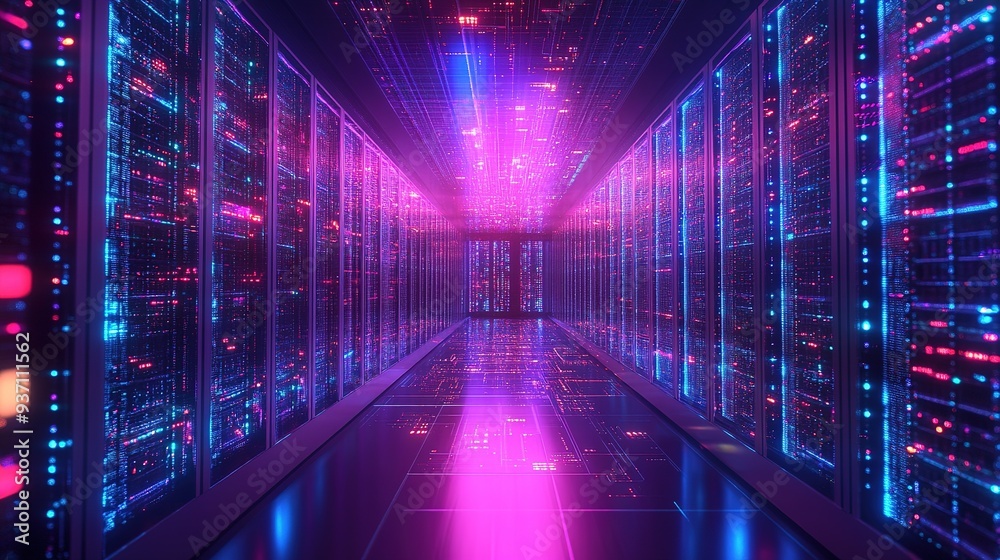 Powerful Server in Data Center or ISP with Holographic Micro Chip. Futuristic Server Room. AI, Artificial Neural Networks Powerful Server in Data Center or ISP with Holographic Micro Chip. Futuristic Server Room. AI, Artificial Neural Networks