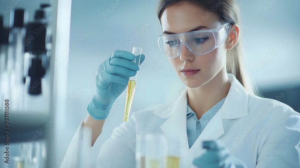 Fototapeta premium Female Scientist Conducting Research in a Chemistry Laboratory with Lab Equipment and Glassware, print for National Chemistry Week