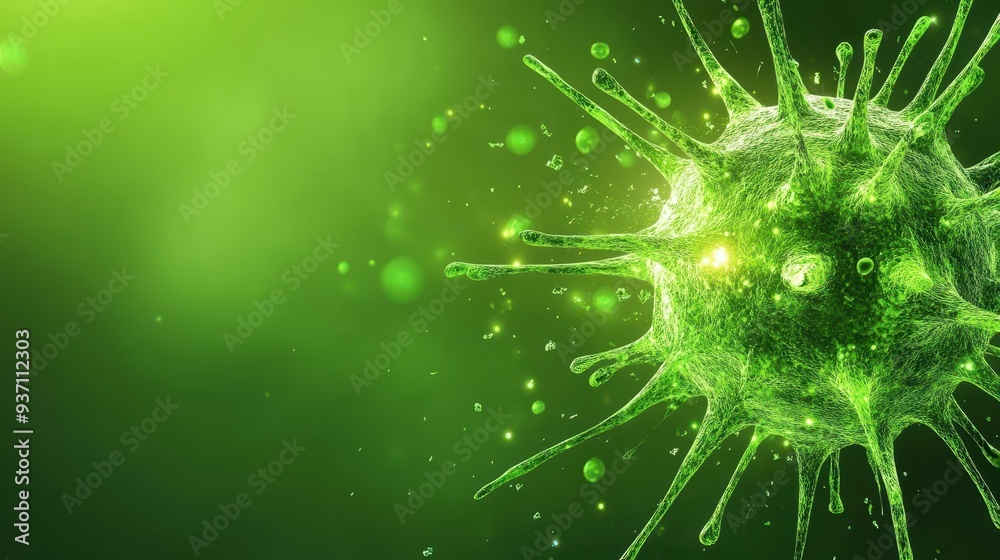 A vibrant green virus is illustrated with detailed textures, merging playfulness with modern design elements. A vibrant green virus is illustrated with detailed textures, merging playfulness with modern design elements.