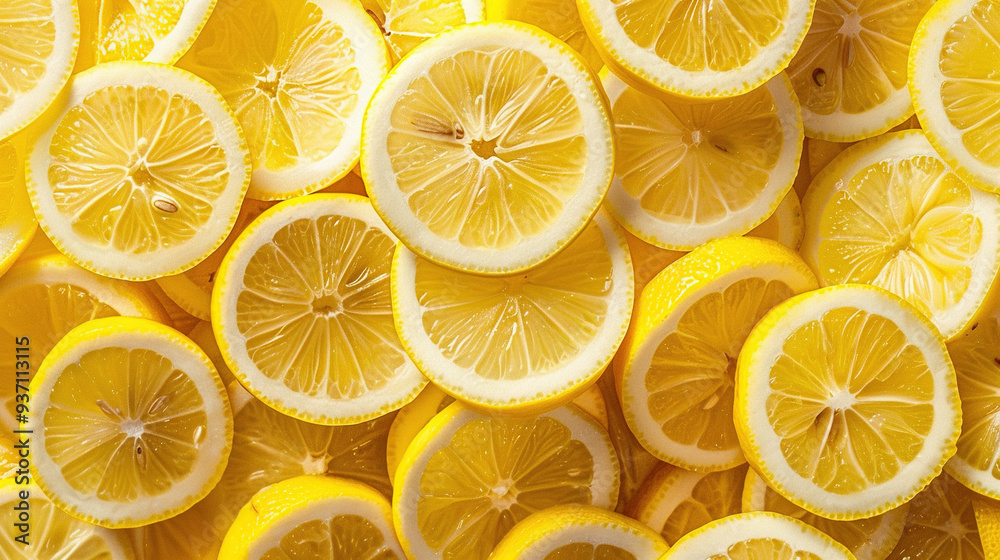Background tile of vibrant yellow lemon slices, food photography for fruits product advertisement. Background tile of vibrant yellow lemon slices, food photography for fruits product advertisement.