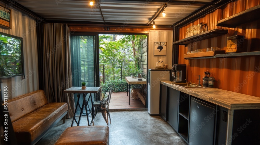 Fototapeta premium Modern industrial living space with leather sofa, small table, and a kitchen counter, all in a shipping container, and a view of the lush green garden.