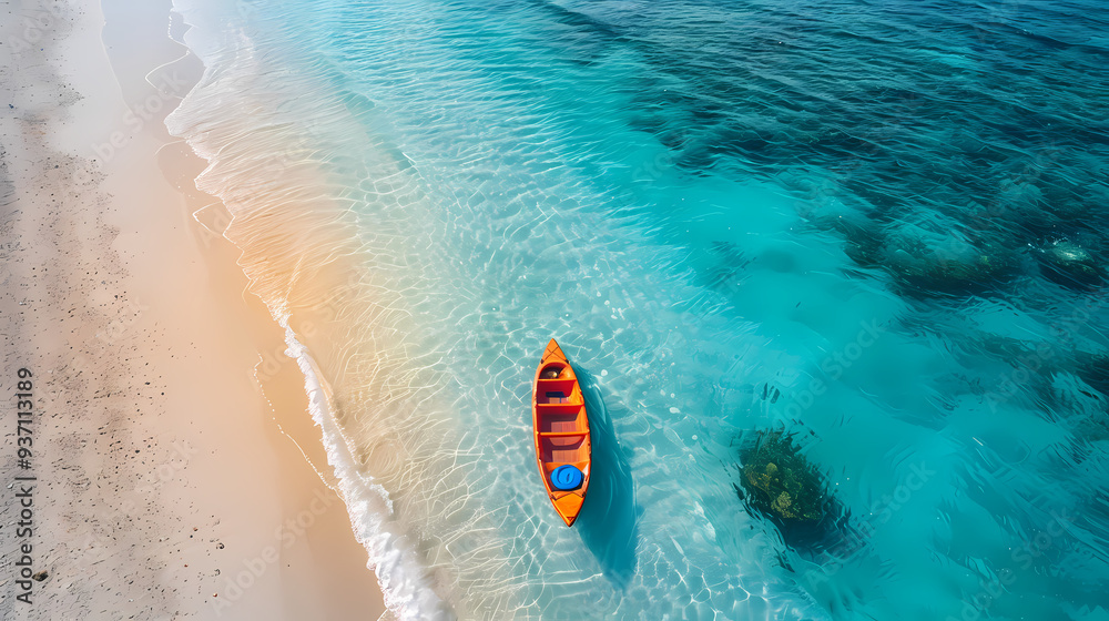Fototapeta premium A colorful canoe on the beach, bird's eye view,high definition photography, clean white sand, clear turquoise sea water, waves lapping at shore edge,a sense of calmness in the scene