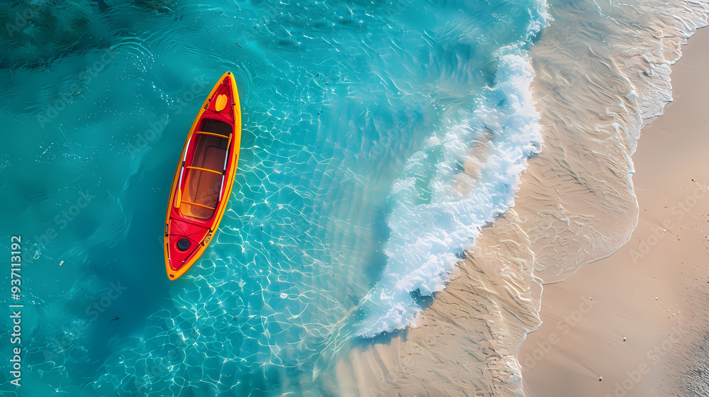 Fototapeta premium A colorful canoe on the beach, bird's eye view,high definition photography, clean white sand, clear turquoise sea water, waves lapping at shore edge,a sense of calmness in the scene
