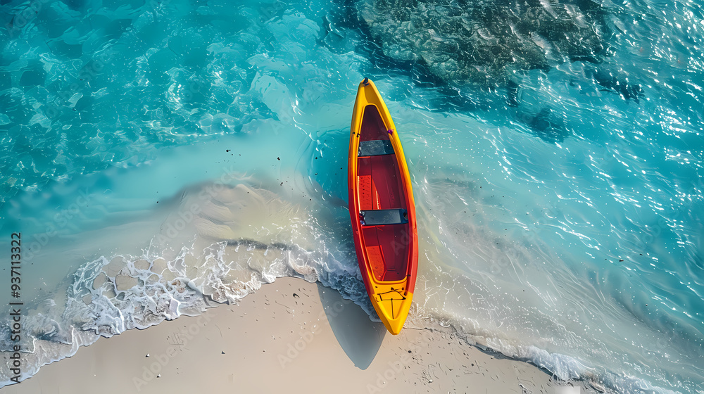 A colorful canoe on the beach, bird's eye view,high definition photography, clean white sand, clear turquoise sea water, waves lapping at shore edge,a sense of calmness in the scene A colorful canoe on the beach, bird's eye view,high definition photography, clean white sand, clear turquoise sea water, waves lapping at shore edge,a sense of calmness in the scene