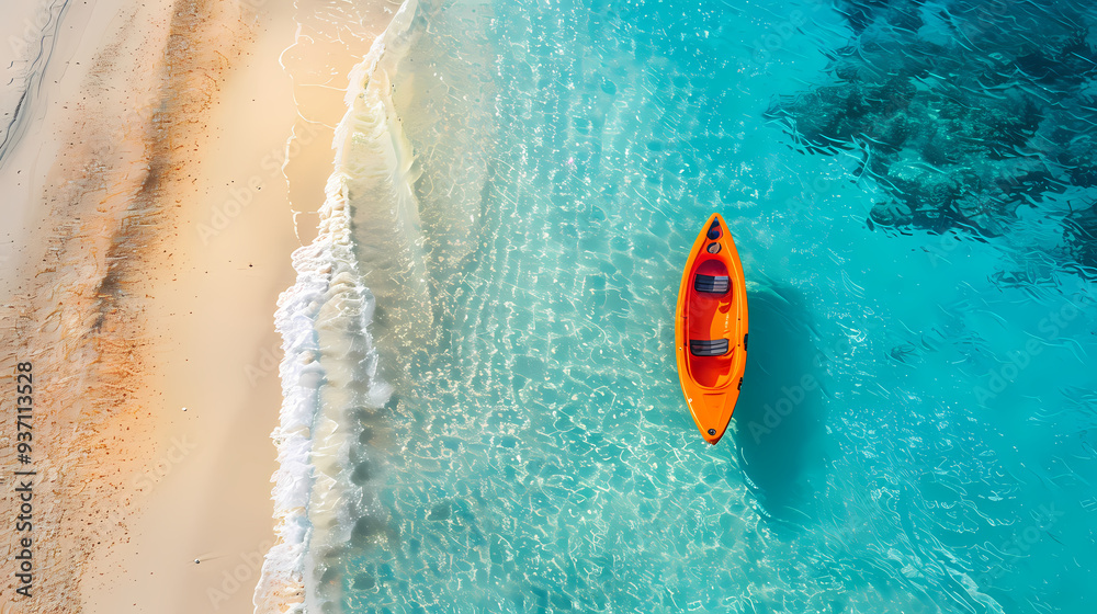 Fototapeta premium A colorful canoe on the beach, bird's eye view,high definition photography, clean white sand, clear turquoise sea water, waves lapping at shore edge,a sense of calmness in the scene