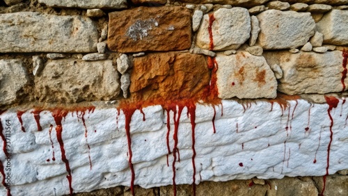 Red Paint Dripping Down Whitewashed Stone Wall photo