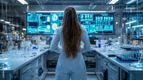 Back view of a female scientist in a lab, showcasing her engaged in work amidst a setting that conveys both order and chaos, symbolizing the complex nature of scientific discovery