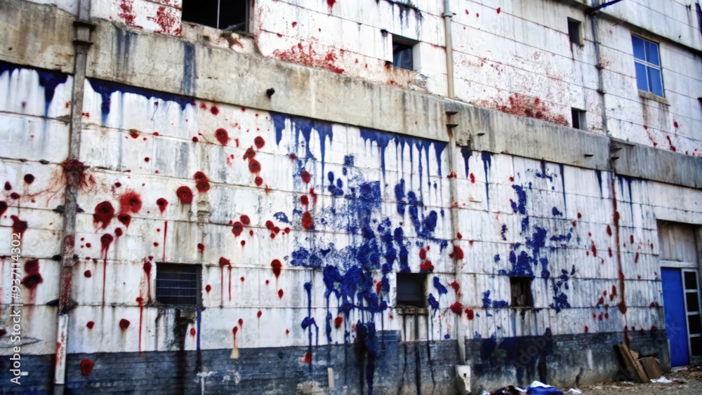 Fototapeta premium A Weathered Concrete Wall With Red and Blue Stains and Bullet Holes