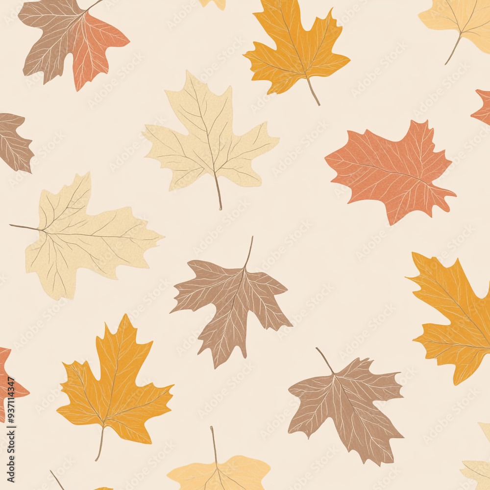Autumn-themed seamless pattern with orange leaves on a light background 가을 테마의 밝은 배경에 잎이 있는 패턴