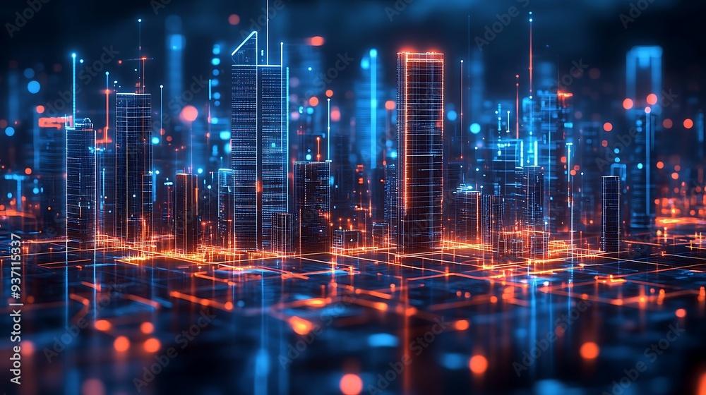 Obraz premium A futuristic cityscape illuminated by vibrant neon blue and orange lights, showcasing a high-tech, digital urban environment with holographic elements.