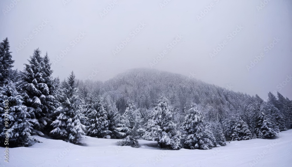 Snowy mountain landscape with evergreen trees Snowy mountain landscape with evergreen trees