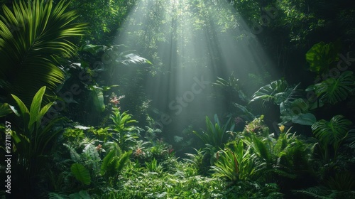 Sunlight Streaming Through a Lush Rainforest