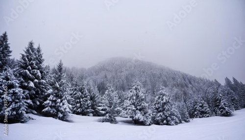  Snowy mountain landscape with evergreen trees