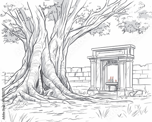 Ancient twisted trees intertwine beside an old stone archway with burning candles, evoking mystery and forgotten rituals