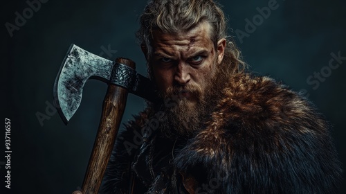 Viking Warrior's Gaze: A fierce Viking warrior, clad in furs and wielding a battle-axe, stares intently into the camera. The image evokes strength, power, and the spirit of the Norse age.   photo