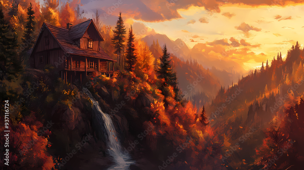 Cozy LOFI House on Mountain in Stunning Anime Manga Art Style Background Cozy LOFI House on Mountain in Stunning Anime Manga Art Style Background